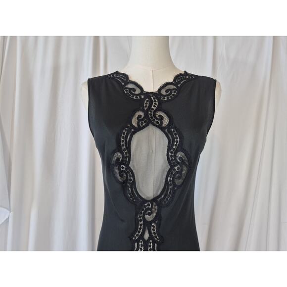 Vintage Blanche Black Nylon Lace Slit Night Gown Small Deep V Back Boudoir - Picture 2 of 9